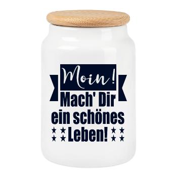 MOIN BEGRÜßUNG POSITIVE LEBENSGESTALTUNG - Keksdose mit Holzdeckel - Weiß - Vorne