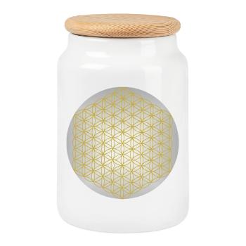 Flower of Life Gold - 5th Dimension - Mandala - Cookie Jar with Wooden Lid - white - Front