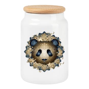 Beautiful panda bear head in gold and blue tones - Cookie Jar with Wooden Lid - white - Front