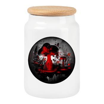 surreal red black mushroom watercolor at night - Cookie Jar with Wooden Lid - white - Front