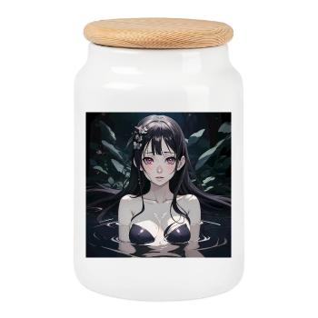 Süßes Anime Mädchen im Wasser mit schwarzem Haar - Keksdose mit Holzdeckel - Weiß - Vorne