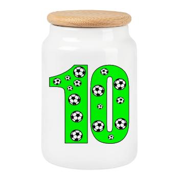 Number 10 - Ten - Football - 10th Children's Birthday Party - Cookie Jar with Wooden Lid - white - Front