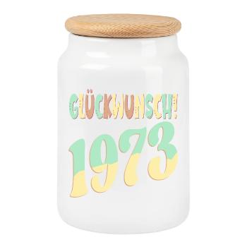 Glückwunsch Jahr 1973 - GEBURTSTAG RETRO - Keksdose mit Holzdeckel - Weiß - Vorne