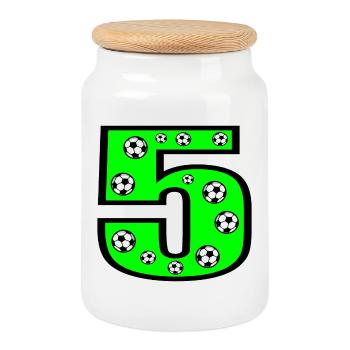5 Children's Birthday Party - Children's Football - Number FIVE - Cookie Jar with Wooden Lid - white - Front