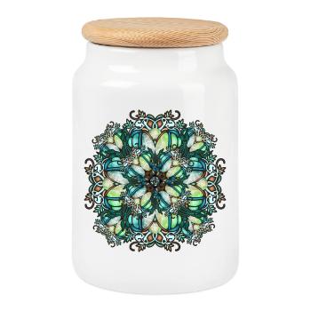 Rosace Art Nouveau en verre transparent - Boîte à biscuits avec couvercle en bois - blanc - Devant