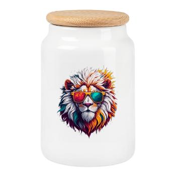 Neon Sunglass Lion - Cookie Jar with Wooden Lid - white - Front