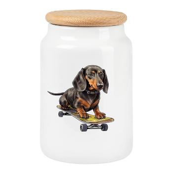 Aventure en skateboard teckel - Boîte à biscuits avec couvercle en bois - blanc - Devant