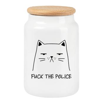 Fuck the Police funny cat against the system - Cookie Jar with Wooden Lid - white - Front