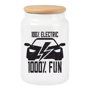 100% électrique 1000% Fun - pour les fans de voitures électriques - Boîte à biscuits avec couvercle en bois - blanc - Devant