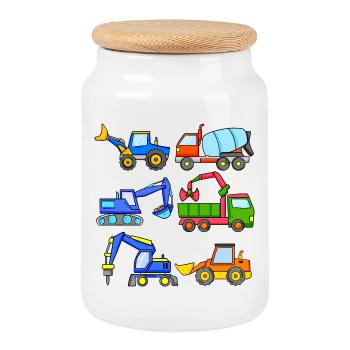 Construction Site Vehicles Vehicle - Cookie Jar with Wooden Lid - white - Front