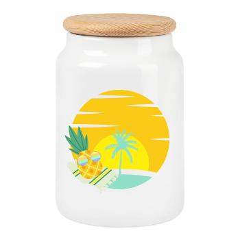 Pineapple with sunglasses on the beach - Cookie Jar with Wooden Lid - white - Front