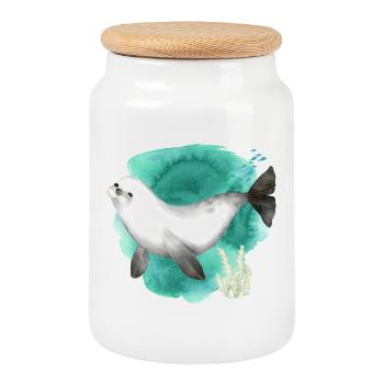 Watercolor Cute Seal in the Ocean - Cookie Jar with Wooden Lid - white - Front