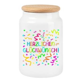 Herzlichen Glückwunsch Geburtstagsgrüße Konfetti - Keksdose mit Holzdeckel - Weiß - Vorne