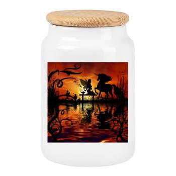 Wonderful fairy with unicorn in the sunet. - Cookie Jar with Wooden Lid - white - Front