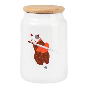 cat in kimono biting sword - Cookie Jar with Wooden Lid - white - Front