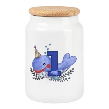 Premier anniversaire joyeux anniversaire petite baleine - Boîte à biscuits avec couvercle en bois - blanc - Devant