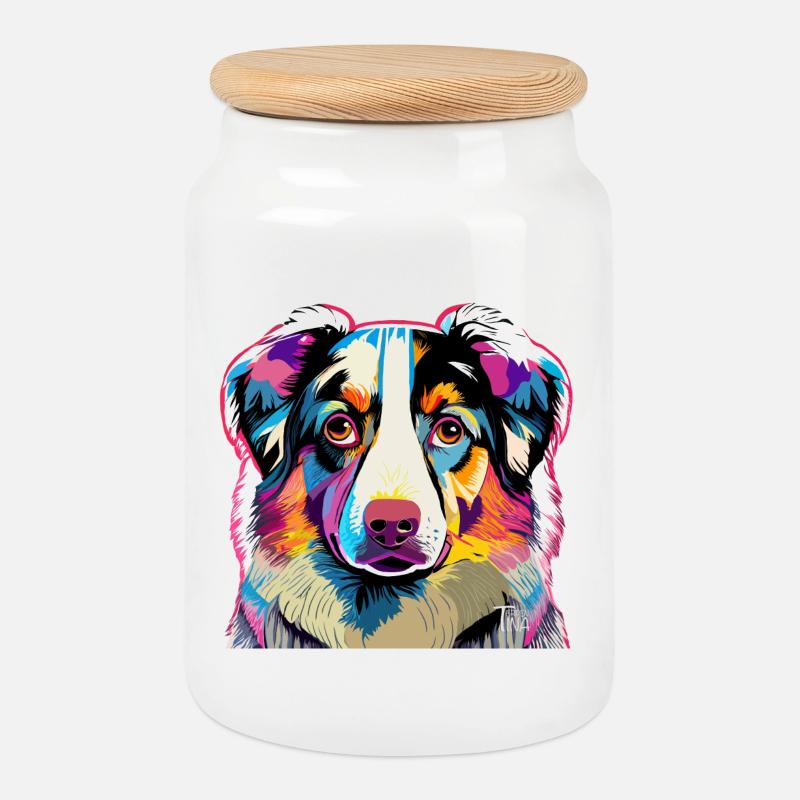 Colorful Australia Shepherd - Cookie Jar with Wooden Lid - white