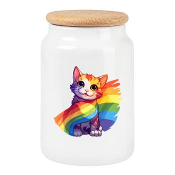 Pride Cat – Colorful Rainbow Cat with Flag - Cookie Jar with Wooden Lid - white - Front