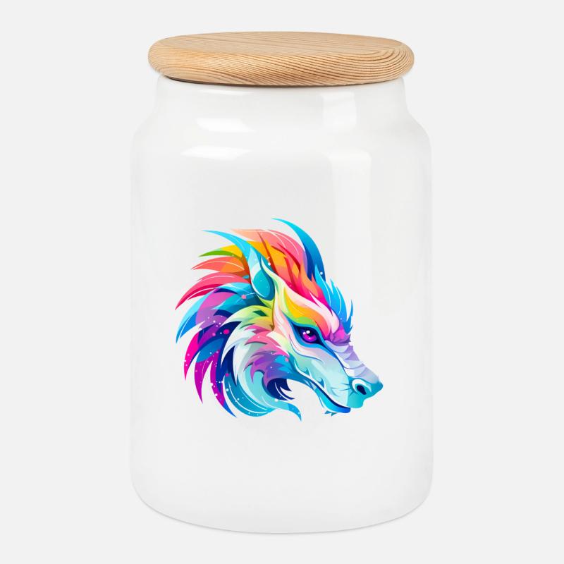 Regenbogen Drache Kopf - Keksdose mit Holzdeckel - Weiß