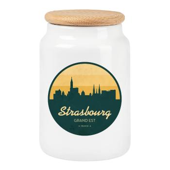 Strasbourg Skyline – Sunset Design - Cookie Jar with Wooden Lid - white - Front