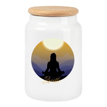 Conception de silhouette de méditation pour yoga respiratoire - Boîte à biscuits avec couvercle en bois - blanc - Devant