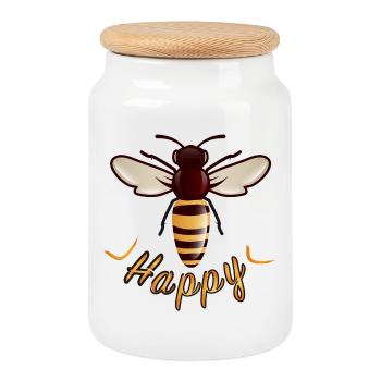 gelber Happy Schriftzug mit stilisierte Biene - Keksdose mit Holzdeckel - Weiß - Vorne