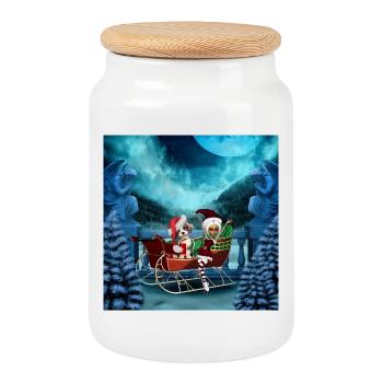 Niedlicher Weihnachtswelpe und Mondscheinelf - Keksdose mit Holzdeckel - Weiß - Vorne