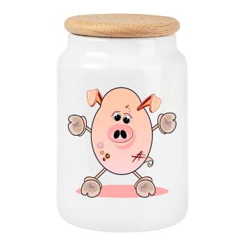 PIGGY - PIGLET ANIMAL ILLUSTRATIONS - SOW - Cookie Jar with Wooden Lid - white - Front