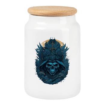 Blue Samurai Skeleton Skull - Blue Samurai Skull - Cookie Jar with Wooden Lid - white - Front