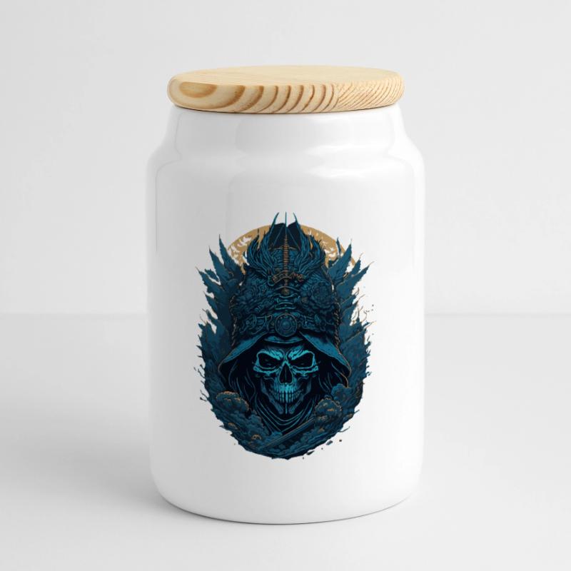 Blauer Samurai Skelett Schädel - Blauer Samurai Schädel Keksdose mit Holzdeckel