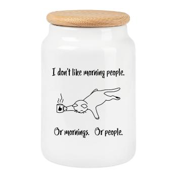 "I don't like morning people" - Katze Kaffeetasse - Keksdose mit Holzdeckel - Weiß - Vorne