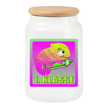 PINKE AMPHIBIE CHAMÄLEON GECKO 1. KLASSE - Keksdose mit Holzdeckel - Weiß - Vorne