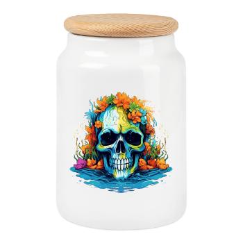 Tropical Flower Skull - Cookie Jar with Wooden Lid - white - Front
