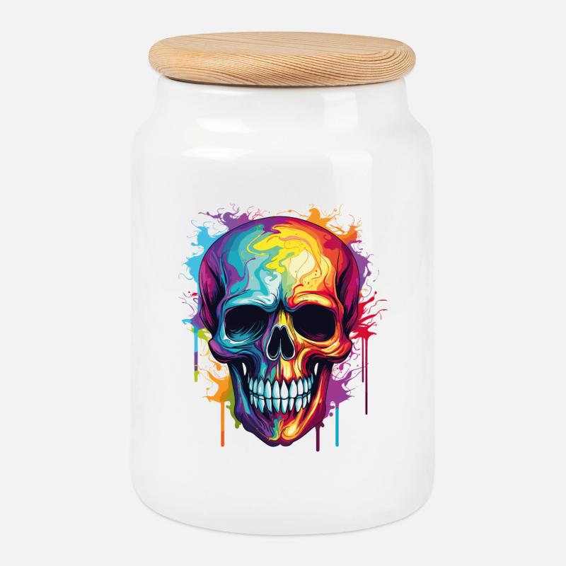 Psychedelischer Rainbow Farbschädel  - Keksdose mit Holzdeckel - Weiß