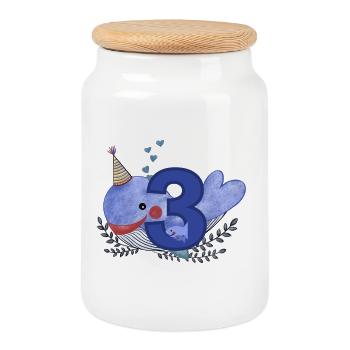 Third Birthday Happy Birthday Little Whale - Cookie Jar with Wooden Lid - white - Front