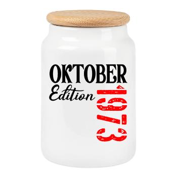 OKTOBER 1973 - 53. Geburtstag - Keksdose mit Holzdeckel - Weiß - Vorne
