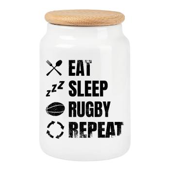 Alimentation Sommeil Rugby Répétition - Boîte à biscuits avec couvercle en bois - blanc - Devant
