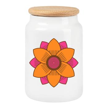Retro-Stil Rosa und orangefarbene Blume aus der Mitte des Jahrhunderts - Keksdose mit Holzdeckel - Weiß - Vorne