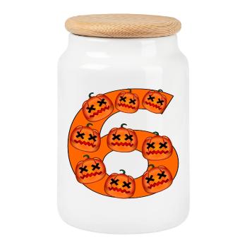 NUMBER 6 - AUTUMN HALLOWEEN PUMPKINS - Cookie Jar with Wooden Lid - white - Front