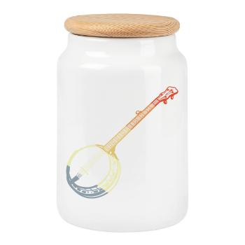 Vintage Banjo Sketch - Cookie Jar with Wooden Lid - white - Front