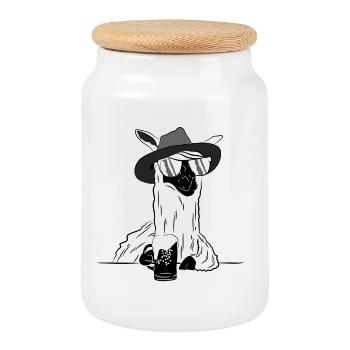 Cooles Lama mit Bierkrug – Party Style - Keksdose mit Holzdeckel - Weiß - Vorne