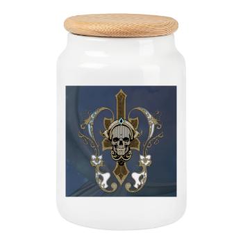 Amazing golden skull with flowers. - Cookie Jar with Wooden Lid - white - Front