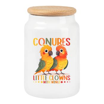 Perruches petits clowns avec des ailes Conure Design - Boîte à biscuits avec couvercle en bois - blanc - Devant