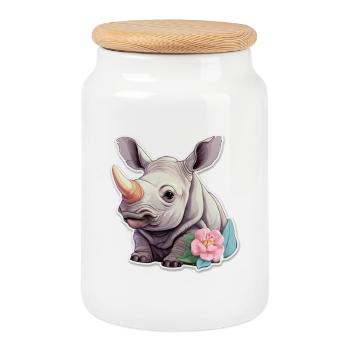 Cute Rhino With Flowers Cute Shirt - Cookie Jar with Wooden Lid - white - Front