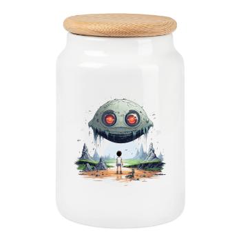 Alien Robot With Big Eyes T-Shirt - Cookie Jar with Wooden Lid - white - Front