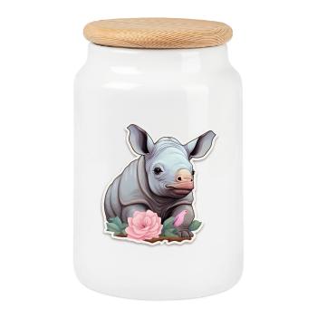 Cute Baby Rhino Pink Floral Shirt - Cookie Jar with Wooden Lid - white - Front