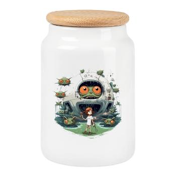 Robot Monster Spaceship Alien Planet Shirt - Cookie Jar with Wooden Lid - white - Front