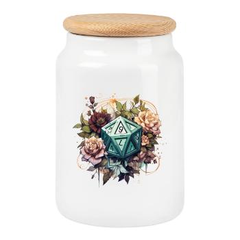 W20 Mit Blumen Verzierungen Fantasy RPG Shirt - Keksdose mit Holzdeckel - Weiß - Vorne