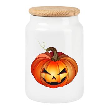 orange funny halloween pumpkin face - Cookie Jar with Wooden Lid - white - Front