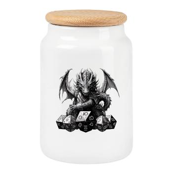 Schwarzer Fantasy Drache W20 RPG Shirt - Keksdose mit Holzdeckel - Weiß - Vorne